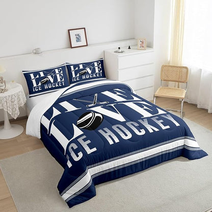 Feelyou Ice Hockey Bedding Set King Size Ice Sports Games Comforter Set for Kids Boys Girls Decor Hockey Player Comforter Microfiber Puck Hockey Duvet Set Bedroom Quilt Set
