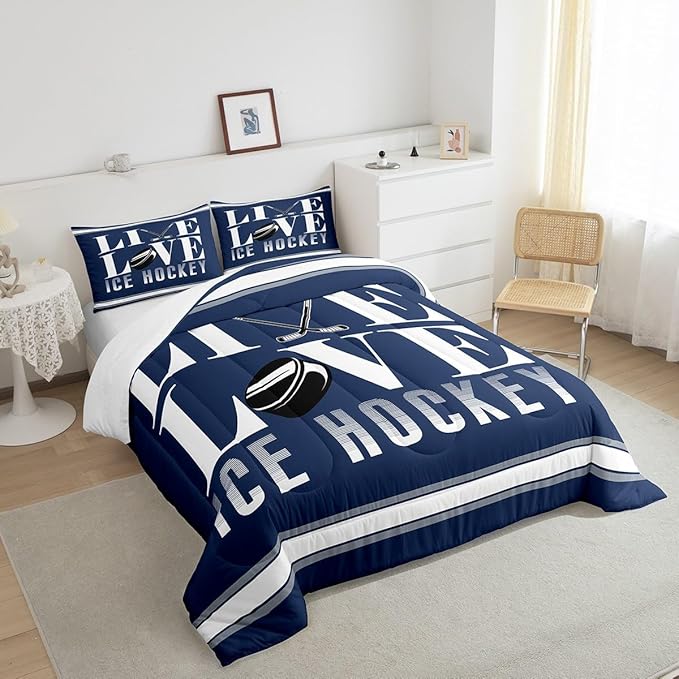 Feelyou Ice Hockey Bedding Set Twin Size Ice Sports Games Comforter Set for Kids Boys Girls Decor Hockey Player Comforter Microfiber Puck Hockey Duvet Set Bedroom Quilt Set