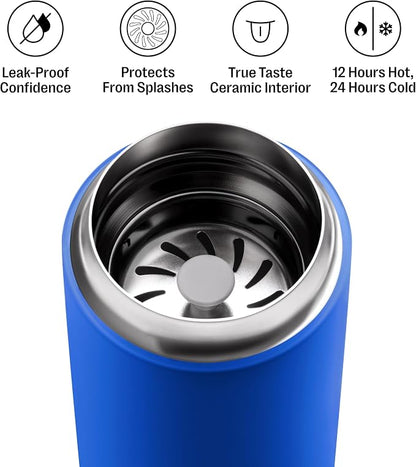 Fellow 12 oz Carter Move Travel Mug - Vacuum-Insulated Stainless Steel Travel Coffee Mug - Coffee Tumbler with Ceramic Interior and Splash Guard - Electric Cobalt