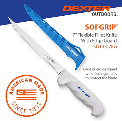 Dexter Outdoors SOFGRIP 7" Flexible Fillet Knife with Edge Guard | Corrosion-resistant high-carbon American stainless blade with soft slip-resistant grip. Edge guard included, made in USA.