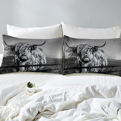 Highland Cow Bedding Set King Size Grey Bull Cattle Comforter Set Funny Farmhouse Wildlife Animal Duvet Set for Kids Boys Girls Teens Western Cowboy Style Down Comforter Adult Bedroom Decor