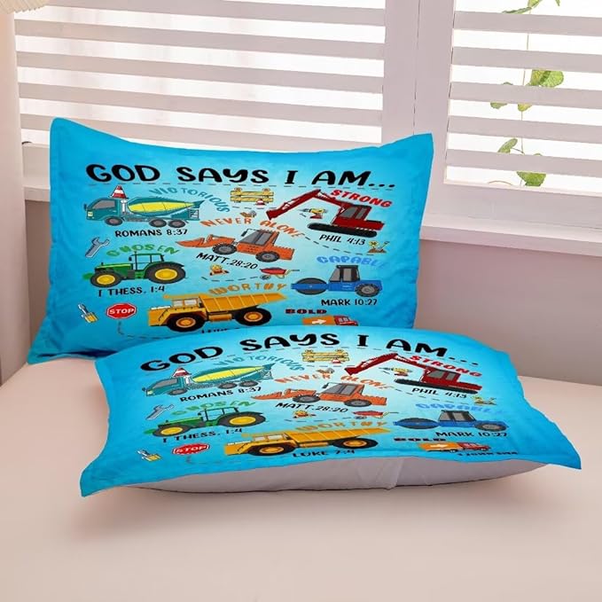 Boys Construction Vehicles Truck Comforter Set Queen,Christian Kids God Says I Am Construction Bedding Set,Car Excavator Tractor Bedroom Set（1 Comforter 2 Pillowcase） Blue