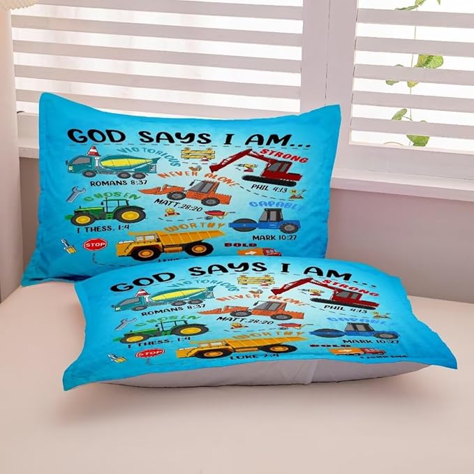 Boys Construction Vehicles Truck Comforter Set Full,Christian Kids God Says I Am Construction Bedding Set,Car Excavator Tractor Bedroom Set（1 Comforter 2 Pillowcase） Blue