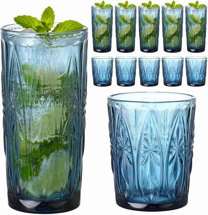 Blue Drinking Glasses Set of 12, 12 Oz Highball & 10 Oz Cocktail Glasses, Blue Kitchen Vintage Glassware Set, Floral Embossed Glass Tumbler Cups for Beer, Juice, Whiskey, Coffee(Snow)
