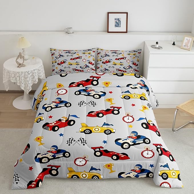 Feelyou Kids Cartoon Car Comforter Set Twin Size Racing Car Bedding Set for Boys Girls Teen Kids Children Home Decor Racing Car Comforter Race Cars Quilt Bed Set Red Grey Bedding Set for All Season
