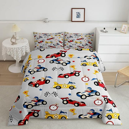Feelyou Kids Cartoon Car Comforter Set Twin Size Racing Car Bedding Set for Boys Girls Teen Kids Children Home Decor Racing Car Comforter Race Cars Quilt Bed Set Red Grey Bedding Set for All Season