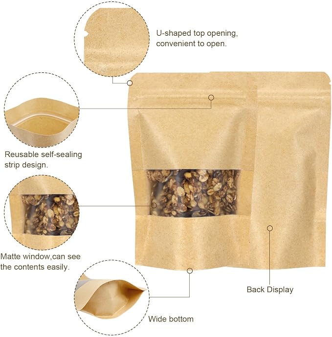 50 Pack Kraft Resealable Bags with Window for Storage (4 x 6.5 Inches) | Brown Zipper-Lock Heat Sealable Stand Up Pouch Bags with Matte Window and Tear Notch for Small Business Home Use