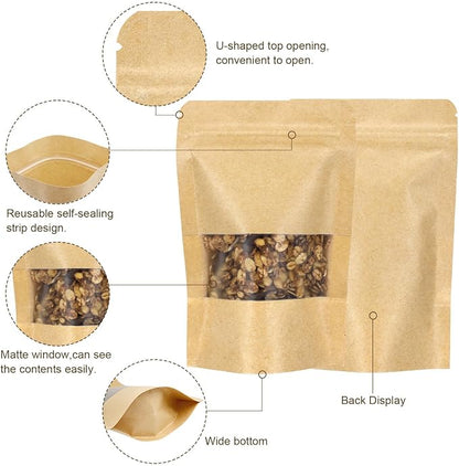 50 Pack Kraft Resealable Bags with Window for Storage (4 x 6.5 Inches) | Brown Zipper-Lock Heat Sealable Stand Up Pouch Bags with Matte Window and Tear Notch for Small Business Home Use