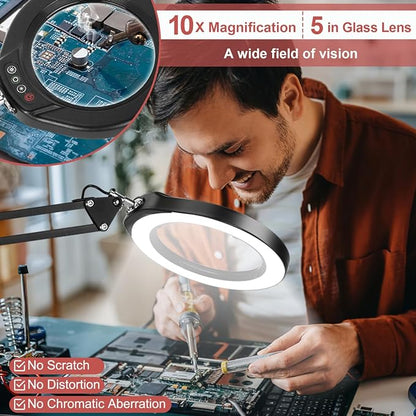 Veemagni 5 Inch Large Magnifying Glass with Light and Stand, 5 Color Modes Stepless Dimmable 10X Glass Lens, Hands Free 2-in-1 Desk Lamp & Clamp, LED Lighted Magnifier for Repair Crafts Close Work