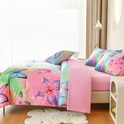 Butterfly Bedding Set Full, Pink Butterfly Comforter Set for Girls Kids Teens 6 pcs Bed in a Bag Full Bedding Sets for Girls