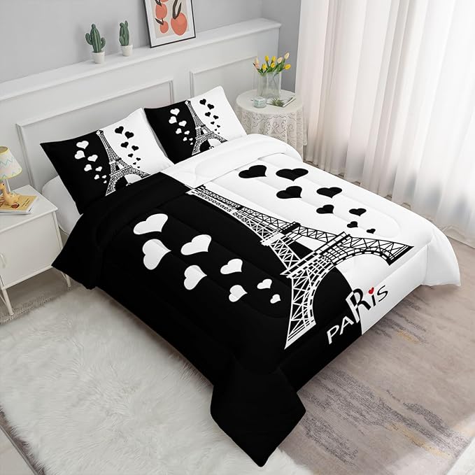 Datura home Kids Comforter Set Eiffel Tower Printed Pattern Bedding Set with 1 Comforter and 2 Pillowcases for Girls Boys Bedroom All Season(Tower1 Queen)