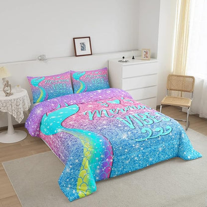 Kawaii Mermaid Bedding Twin,Mermaid Scales Tail Comforter Set Glitter Star Galaxy Princess Bedding Set Watercolor Blue Pink Pastel Ombre Quilt Duvet Ocean Animal Comforter Teal Girly Room Decor 2 Pcs