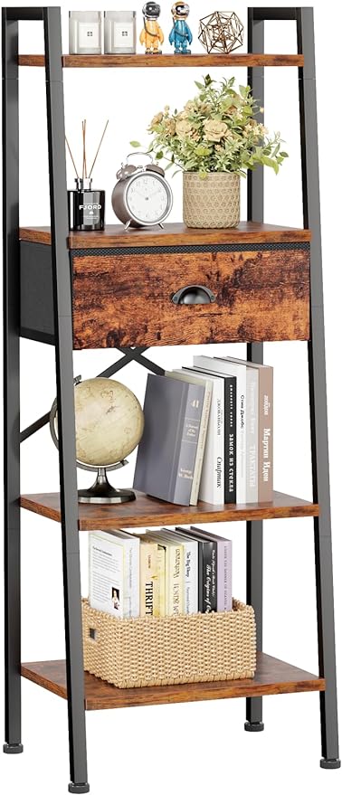 Furologee 4 Tier Ladder Shelf, Narrow Ladder Book Shelf with Drawer, Modern Bookcase Freestanding Shelf Units, Storage Shelves Organizer for Bedroom, Living Room, Bathroom, Home Office, Rustic Brown