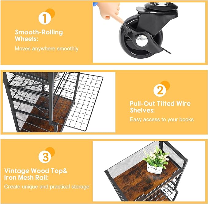 Heyexiha 5 Tier Book Shelf with Sliding Trays, Metal & Wooden Bookcase, Durable Rolling Book Cart, Book Shelf with Wheels, Small Book Shelf Storage Bookcase for Living Room, Bedroom, and Home Office