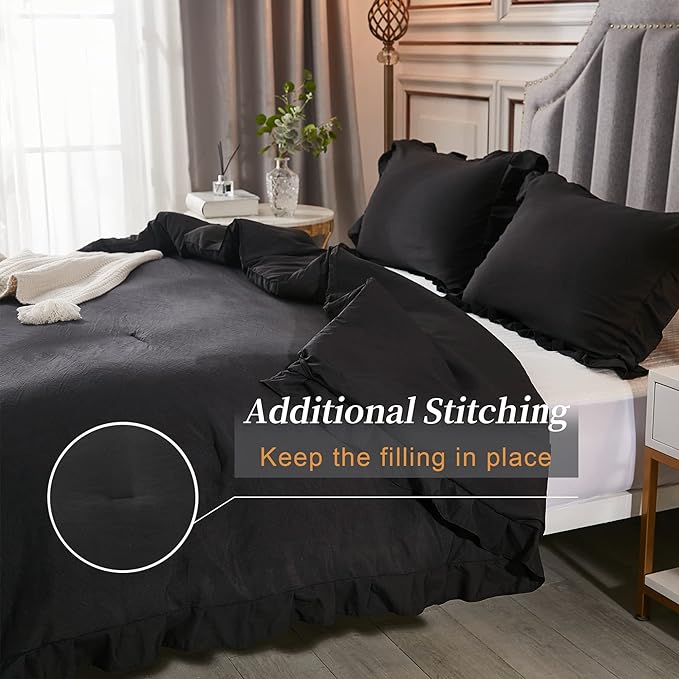 Andency Black Full Size Comforter Set, 3 Pieces Ruffle Farmhouse Shabby Chic Bedding Comforter & Sets, Soft Lightweight Fluffy All Season Down Alternative Bed Set for Boys Kids Men Women