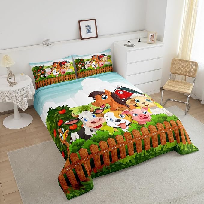 Kids Cartoon Comforter Set Toddler Cute Farm Animals Comforter Cattle Sheep Pigs Dogs Horses Bedding Set for Boys Girls Children Farmhouse Duvet Set Ultra Soft Room Decor Queen Size Colorful Quilt Set