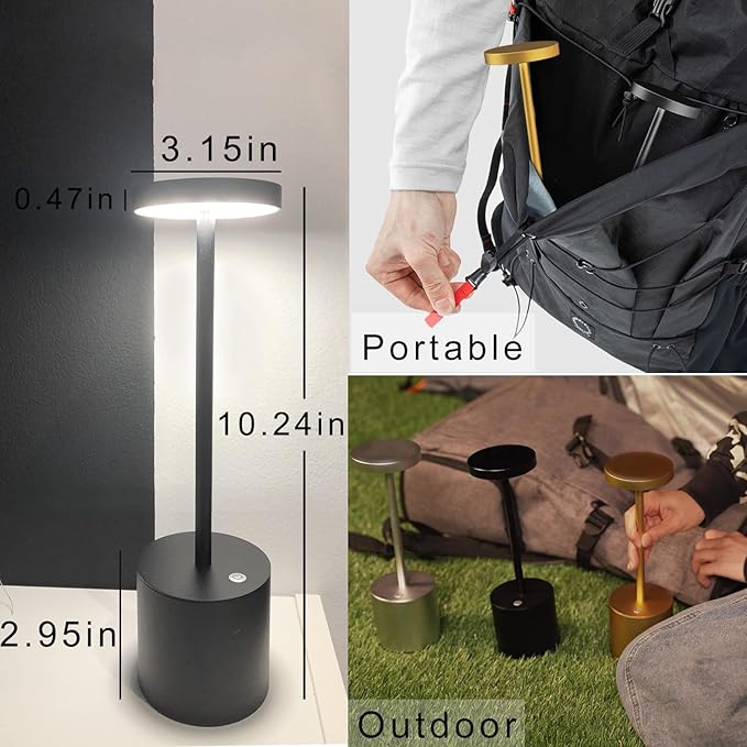 2Pack Cordless Table Lamp, Rechargeable LED Battery 5000mAh Metal USB Portable Powered Desk Lamp, 3 Levels Brightness Light for Restaurants Outdoor (2pack 10.25in Black)