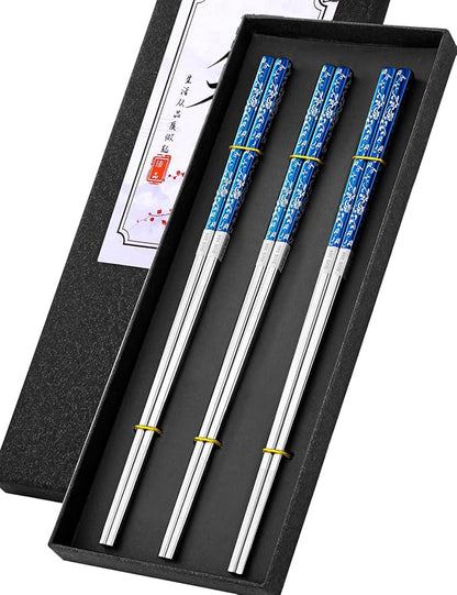 TINMARDA Metal Chopsticks Reusable, 3 Pairs Non-Slip Chop Sticks Reusable Dishwasher Safe, Titanium Plated Stainless Steel Chopsticks Present Set (Blue Silver)