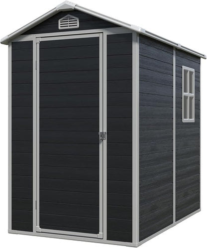 4x6 ft Outdoor Resin Storage Shed with Floor, Waterproof Plastic Garden Shed with Lockable Door and Windows, All-Weather Tool Sheds for Backyard, Patio, Lawn (Black)