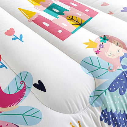 Datura home Girls Bedding Comforter Set Little Princess and Rainbow Castle Printed Pattern Quilt Bedding Set with 1 Comforter and 2 Pillowcases for Girls Bedroom All Season(Princess Full)80x90in