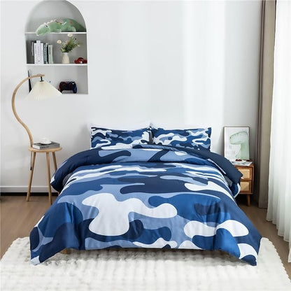 Meeting Story Camouflage Bedding Set, Colorful Pattern Style Comforter Set, 3 PCS One Comforter Two Pillowcases Two Sheets in One Bag, All Season Bedspread for Teens Adults (Navy,Twin
