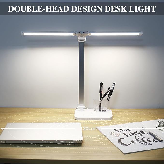 iVict Dual Swing Arm LED Desk Lamps, 5 Light Modes x 10 Brightness Levels Desk Light with USB Charging Port, 45 Minutes Auto Timer Table Lamp, Desk Lamp for Home Office, Bedroom, Reading/Study