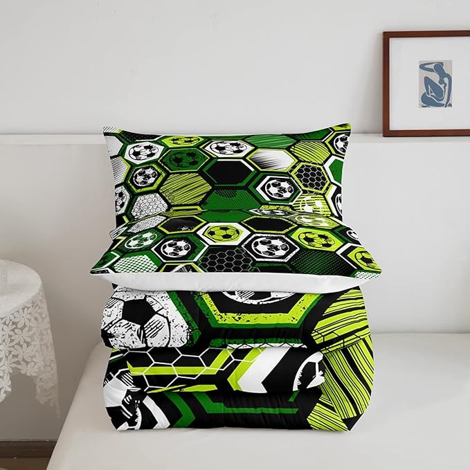 Erosebridal Boys Football Comforter Set Queen Soccer Sports Bedding Set Twin for Kids Teen,Geometric Honeycomb Down Comforter Hexagon Beehive Quilt Duvet Duvet Insert Green Black White 2 Pillow Cases