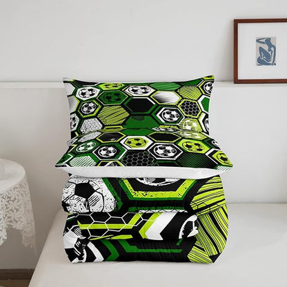 Erosebridal Boys Football Comforter Set Queen Soccer Sports Bedding Set Twin for Kids Teen,Geometric Honeycomb Down Comforter Hexagon Beehive Quilt Duvet Duvet Insert Green Black White 2 Pillow Cases
