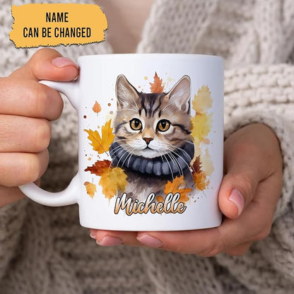 Hyturtle Personalized Fall Cat Maple Leaves Coffee Mug Gifts on Birthday | Gifts For Cat Lovers - Fall Autumn Decor Gift For Farmhouse Thanksgiving - Custom Name 11oz White Ceramic Coffee Tea Mug