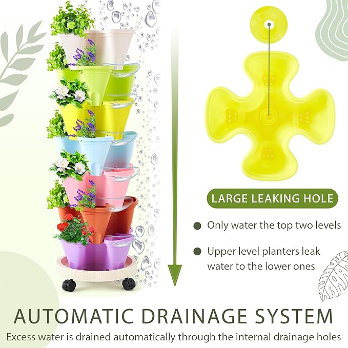 Umigy 2 Set of 7 Tier Vertical Planter Stackable Tower Planters Strawberry Herb Flower and Vegetable Pots Indoor Outdoor Gardening Pots with Removable Wheels and Tools(Macaron)