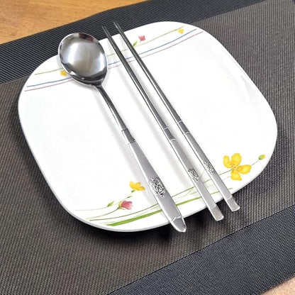 GARASANI Korean Traditional Cutlery Stainless Steel Spoons and Chopsticks Set (Silver Turtle)