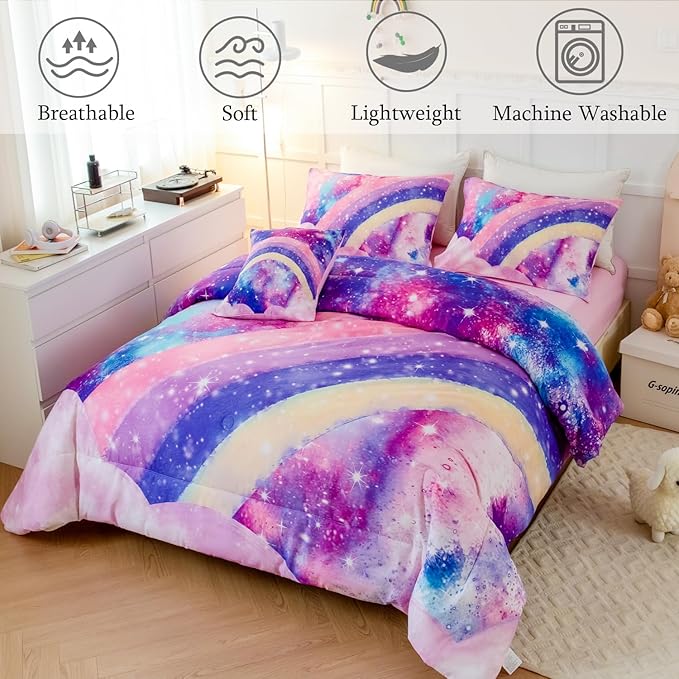 6Pcs Teen Pink Bedding Set Full for Girls, 3D Tie Dye Comforter Pink Colorful Rainbow Kids Comforter Set, Ultra Soft Pastle Nebula Printed Bed in A Bag with Sheets