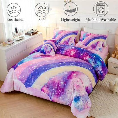 6Pcs Queen Size Comforter Set for Girls Teens, 3D Pastle Rainbow Nebula Comforter Bedding Set, Tie Dye Pink Comforter Soft Lightweight Bed in A Bag with Sheets Comforter and Pillowcases