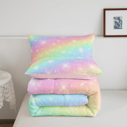Erosebridal Rainbow Bedding Set for Kids Girls Teens Women Tie Dye Pastel Comforter Set King Size Golden Stars Glitter Bedding Comforter Set Watercolor Art Girly Quilt Set Sweet Bedroom Decor 3 Piece