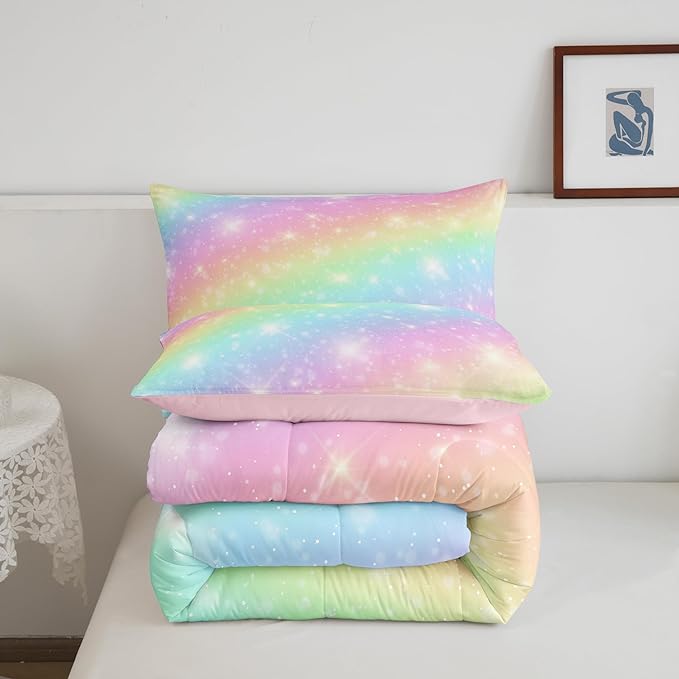 Erosebridal Rainbow Bedding Set For Kids Girls Teens Women Tie Dye Pastel Comforter Set Queen Size Golden Stars Glitter Bedding Comforter Set Watercolor Art Girly Quilt Set Sweet Bedroom Decor 3 Piece