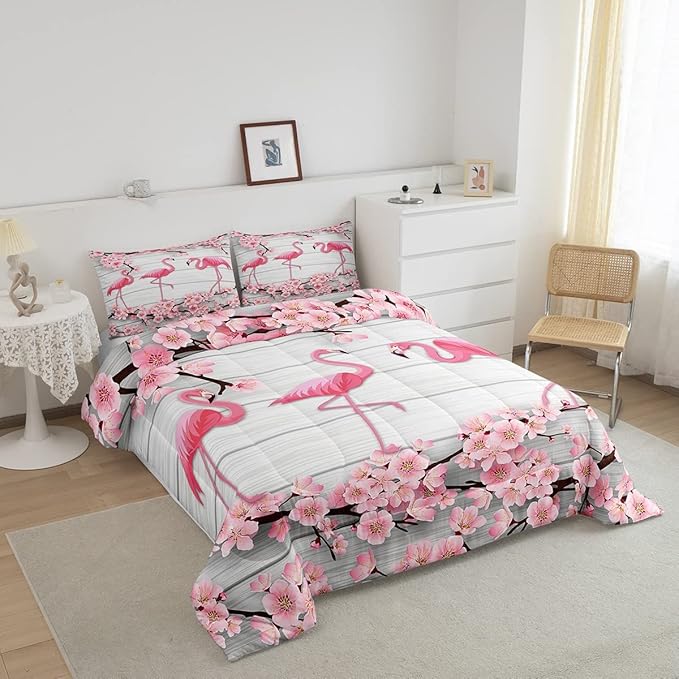 Erosebridal Flamingo Bedding Set Queen,Cherry Blossoms Comforter Set for Girls Teens Women,Pink Tropical Bird Animal Comforter Flower Rustic Wooden Board Quilt Duvet Sets with 2 Pillow Cases