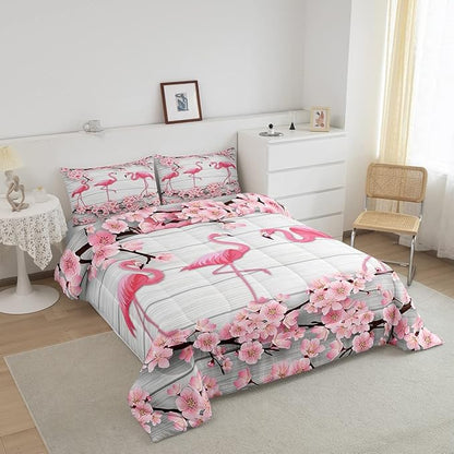 Erosebridal Flamingo Bedding Set Queen,Cherry Blossoms Comforter Set for Girls Teens Women,Pink Tropical Bird Animal Comforter Flower Rustic Wooden Board Quilt Duvet Sets with 2 Pillow Cases