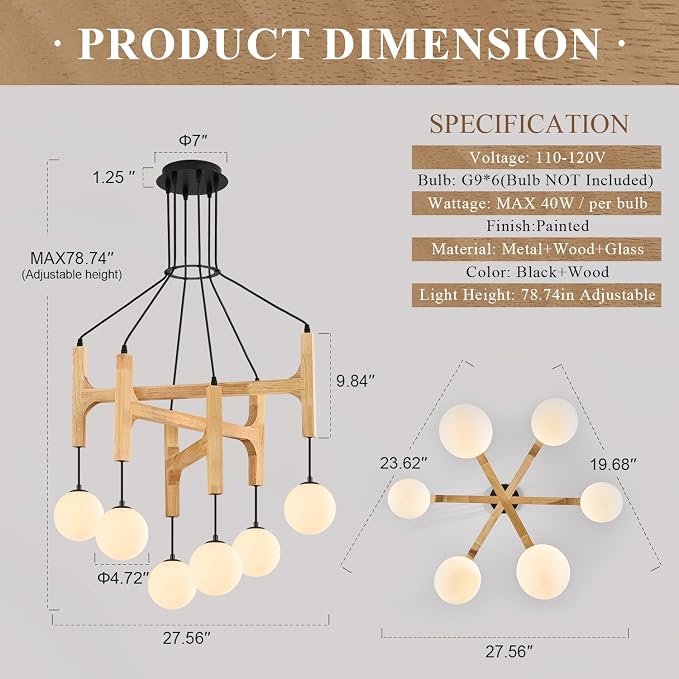 Wooden Chandeliers L28 '' Natural Farmhouse 6-Light Milk Glass Pendant Light Rustic Mid Century Long Hanging Lighting for Living Dining Room Entryway Foyer Bedroom Kitchen,G9