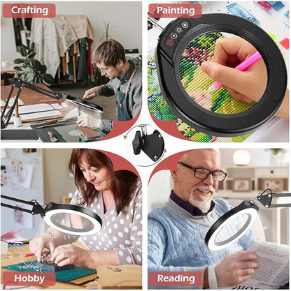 Veemagni 5 Inch Large Magnifying Glass with Light and Stand, 5 Color Modes Stepless Dimmable 10X Glass Lens, Hands Free 2-in-1 Desk Lamp & Clamp, LED Lighted Magnifier for Repair Crafts Close Work