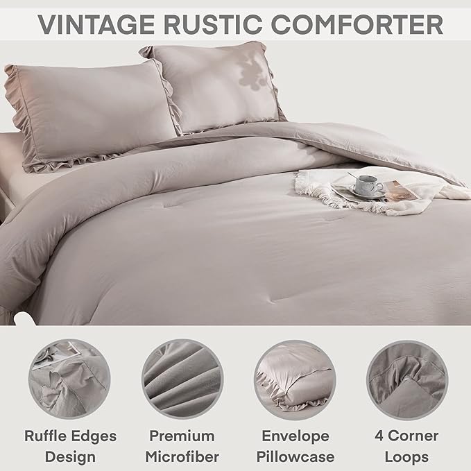 Andency Wheat Ruffle Comforter Queen(90x90Inch), 3 Pieces(1 Ruffled Comforter and 2 Pillowcases) Vintage Ruffle Fringe Comforter, Farmhouse Rustic Microfiber Down Alternative Bedding Comforter Set