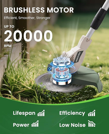 Electric Weed Wacker Cordless, Brushless Grass Trimmer with 21V 4.0Ah Batteries and Charger, 4 Types of Blades String Trimmer, Weed Eater Battery Powered with Shoulder Strap, Lawn Edger Tool