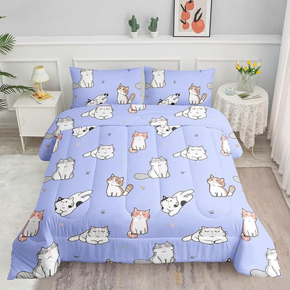 Datura home Purple Kawaii Cat Comforter Bedding Set for Girls Kitten Purple Print Cute Animal Pattern Bedding Set with 1 Comforter and 2 Pillowcases for Girls Bedroom All Season(Cat Purple Queen)