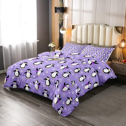 Penguin Comforter Set Full Size Kawaii Penguin Down Comforter Antarctic Animal Bedding Set for Kids Boys Girls Teens Cartoon Cute Winter Quilt Set Snowflake Pattern Duvet Set Room Decor, Purple