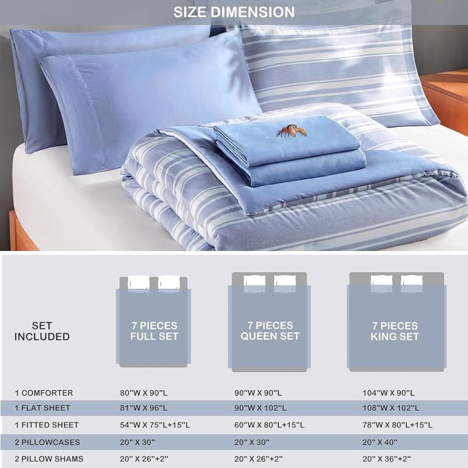 Full Size Comforter Set with Sheets, Modern Blue and White Striped Bed in a Bag, 7-Piece Complete Bedding Set Including Reversible Comforter, 2 Sheets, Pillowcases & Shams