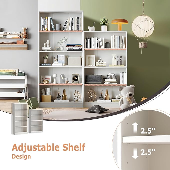 5-Tier Bookshelf, Wood Display Storage Shelves 67.3" Tall Bookcase Open Bookshelf for Home Office, Living Room and Bedroom,White