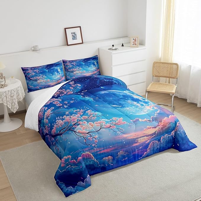 Manfei Cherry Blossoms Comforter Set Twin Size,Moonnight Cloud Starry Sky Bedding Set,Girls Women Room Decor,Sakura Flowers Chinese Style Down Comforter,Pink Blue Romantic Duvet Insert,1 Pillowcase