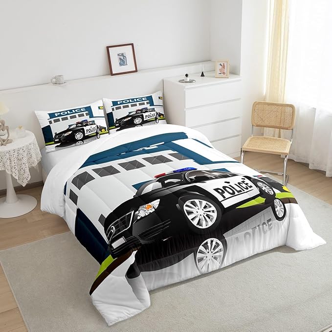 Children Police Car Down Comforter, 3D Car Pattern Comforter Set Queen Size for Kids Boys Girls Teens Bedroom, Cartoon Automobile Quilted Duvet, Decorative 3 Piece Bedding Set with 2 Pillow Cases