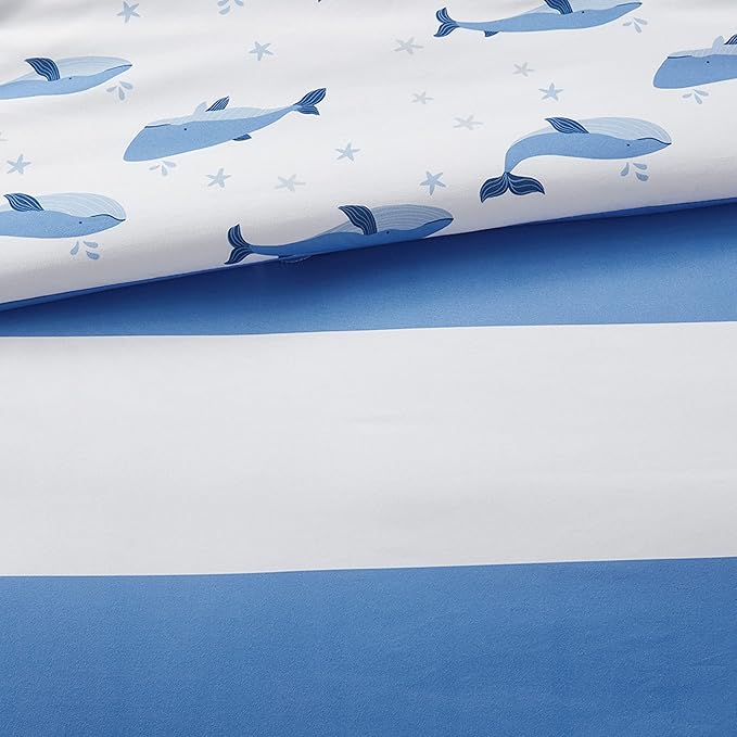 Mizone Kids Blake Reversible Dolphin Comforter Set - Adventure Animal Adorable Print with Stripe Reverse, Fun Bedroom Décor, Modern All Season Kids Bedding, Matching Sham, Full/Queen, Blue 3 Piece