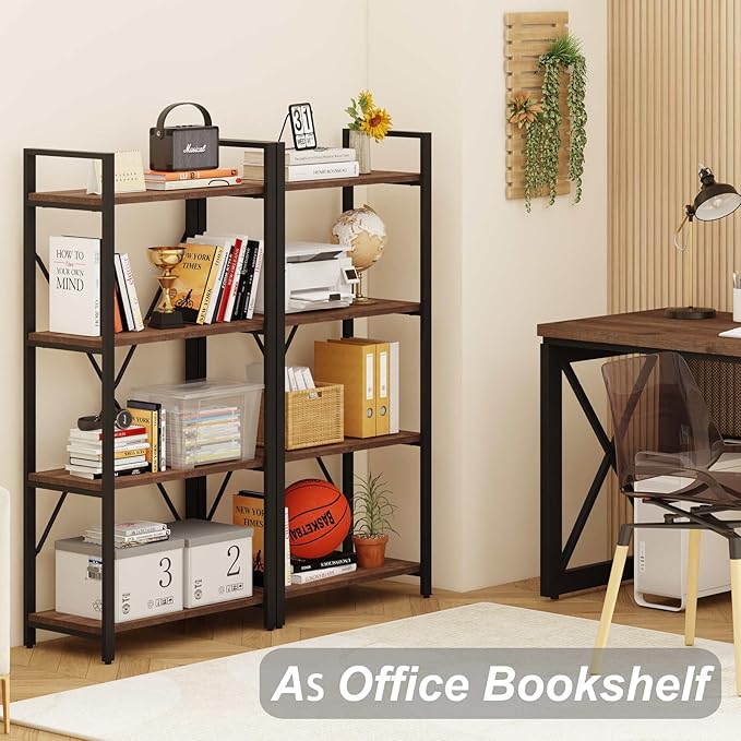 BON AUGURE Industrial 4 Tier Bookshelf, Modern Open Etagere Bookcase, Wood Metal Vintage Shelving Unit for Office Bedroom and Living Room (Rustic Oak)