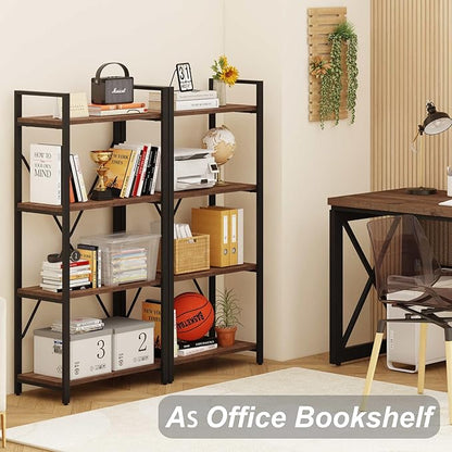 BON AUGURE Industrial 4 Tier Bookshelf, Modern Open Etagere Bookcase, Wood Metal Vintage Shelving Unit for Office Bedroom and Living Room (Rustic Oak)